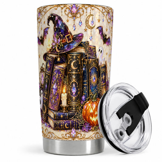 Witchy Halloween Books Tumbler, 20oz Tumbler with Pumpkin Ghost Artwork