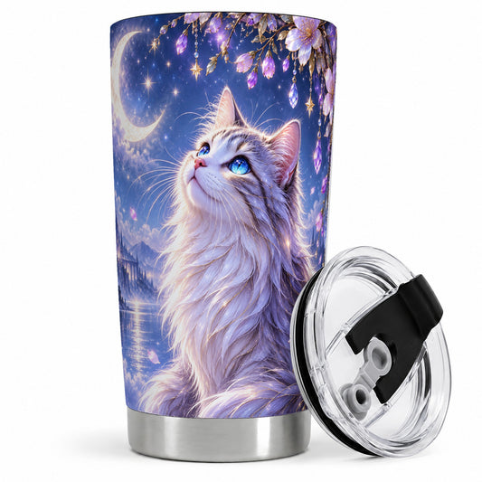 Fantasy Moon Cat Tumbler, 20oz Tumbler with Celestial Floral Artwork