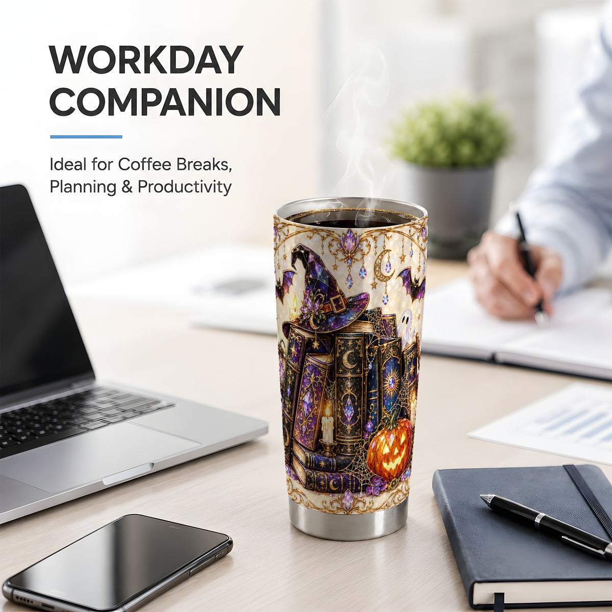 Witchy Halloween Books Tumbler, 20oz Tumbler with Pumpkin Ghost Artwork