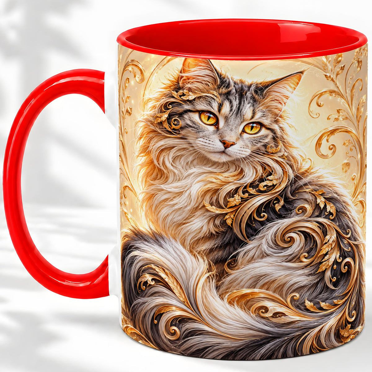 Ornate Baroque Cat Floral Ceramic Mug with Golden Scroll Artwork