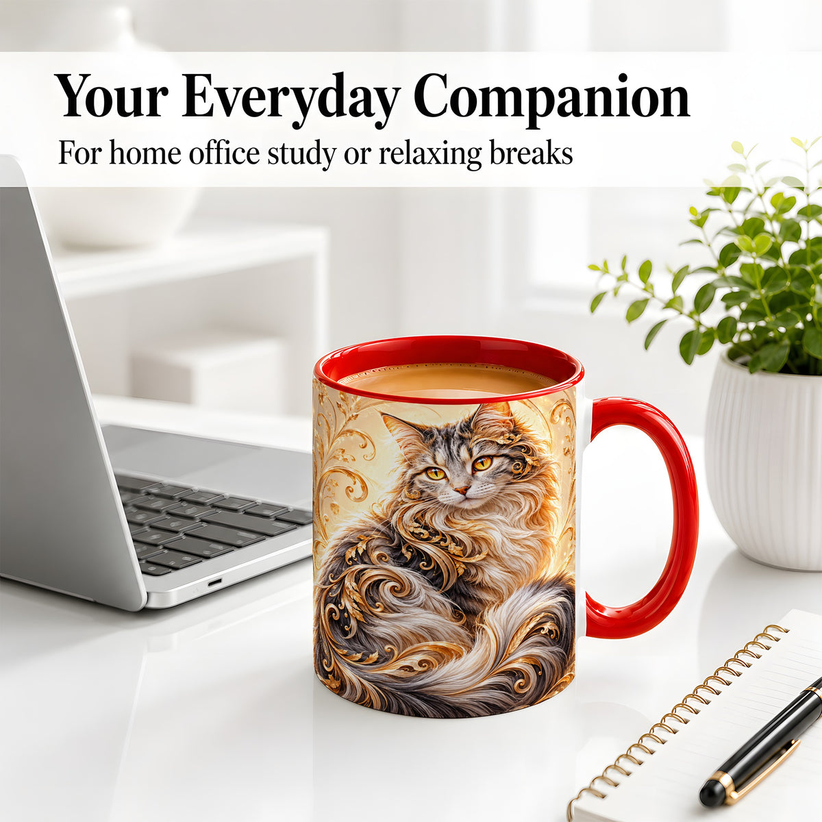 #pl[11oz|Red] Ornate Baroque Cat Floral Ceramic Mug with Golden Scroll Artwork