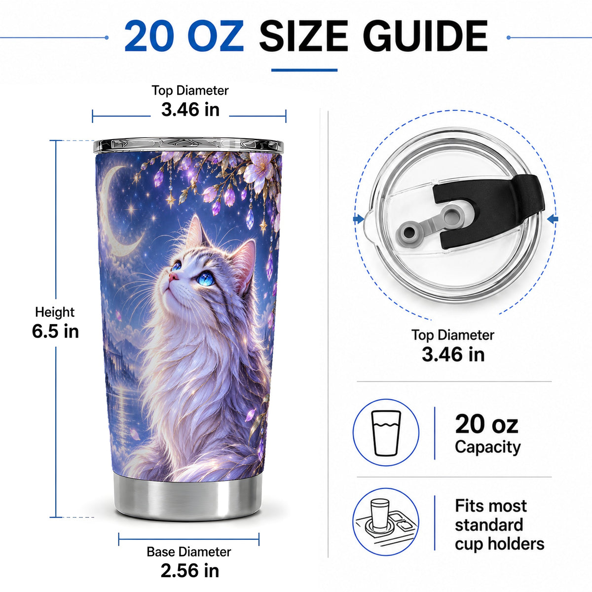 #pl[20oz|Steel] Fantasy Moon Cat Tumbler, 20oz Tumbler with Celestial Floral Artwork