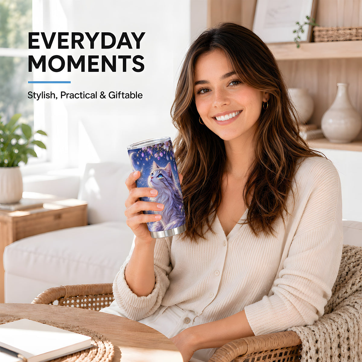 #pl[20oz|Steel] Fantasy Moon Cat Tumbler, 20oz Tumbler with Celestial Floral Artwork