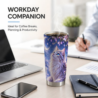 Fantasy Moon Cat Tumbler, 20oz Tumbler with Celestial Floral Artwork