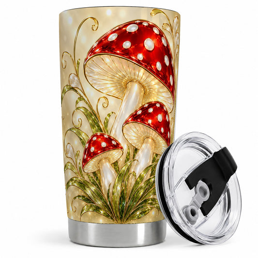 Red Mushroom Botanical Tumbler, 20oz Tumbler with Woodland Artwork