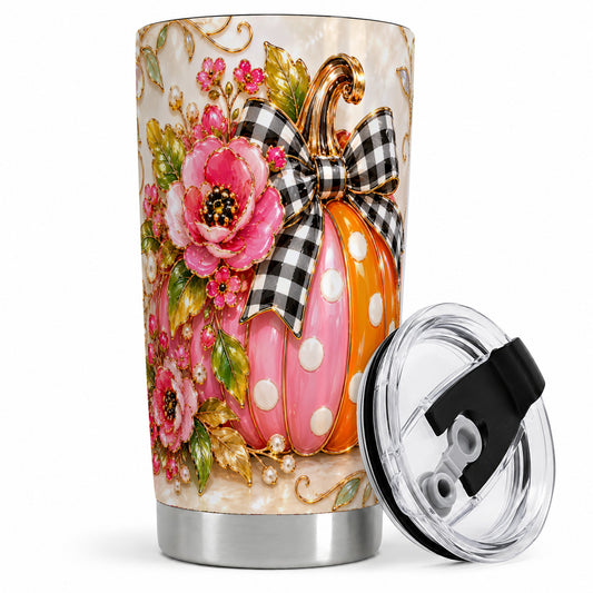 Pink Pumpkin Floral Tumbler, 20oz Tumbler with Gingham Bow Artwork