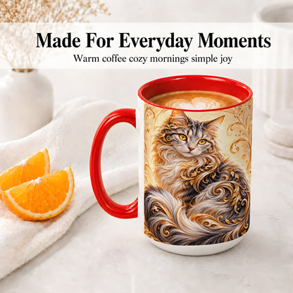 #pl[15oz|Red] Ornate Baroque Cat Floral Ceramic Mug with Golden Scroll Artwork