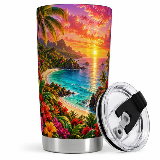 Tropical Sunset 20oz Stainless Steel Tumbler with Beach Floral Art