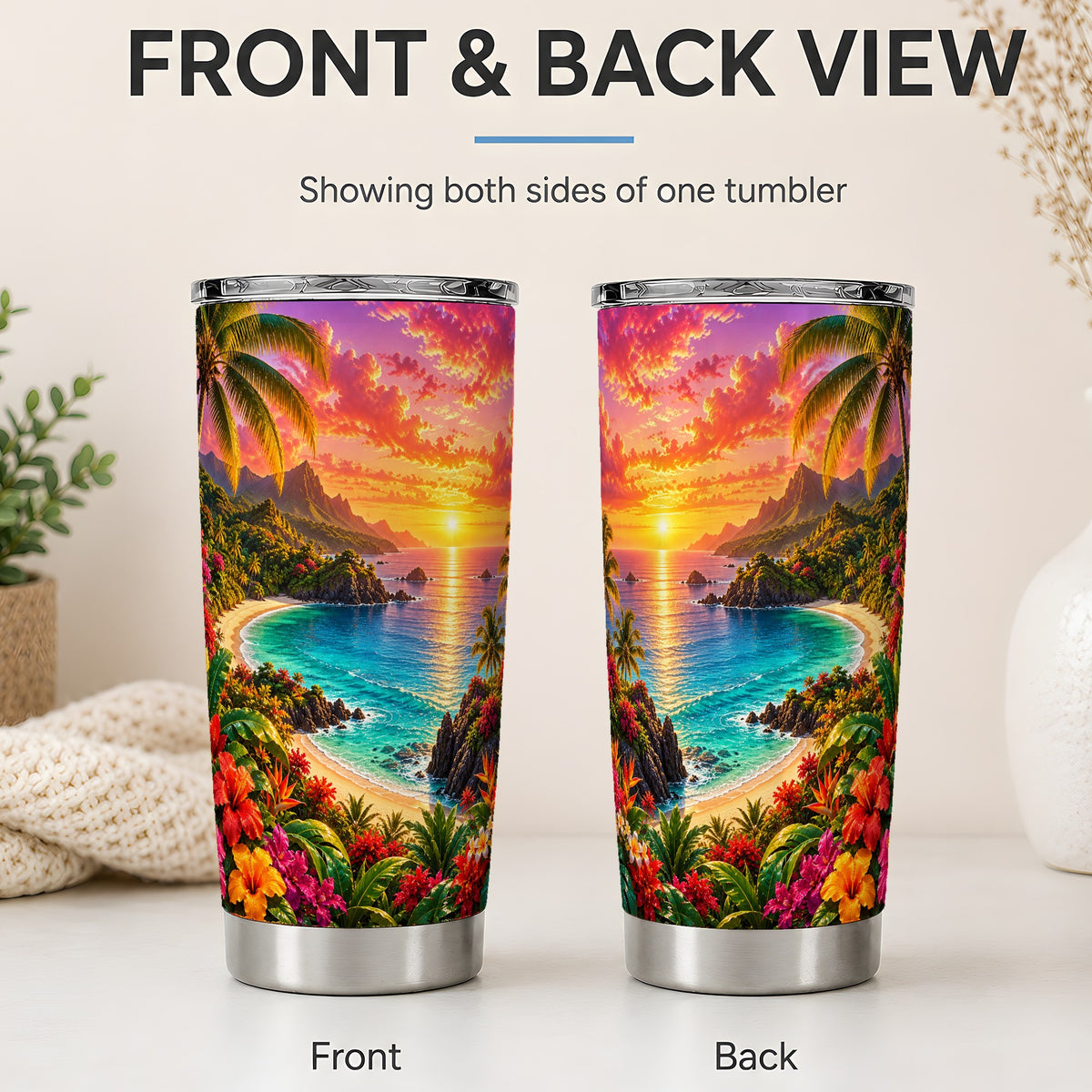 #pl[20oz|Steel] Tropical Sunset 20oz Stainless Steel Tumbler with Beach Floral Art