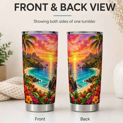 #pl[20oz|Steel] Tropical Sunset 20oz Stainless Steel Tumbler with Beach Floral Art