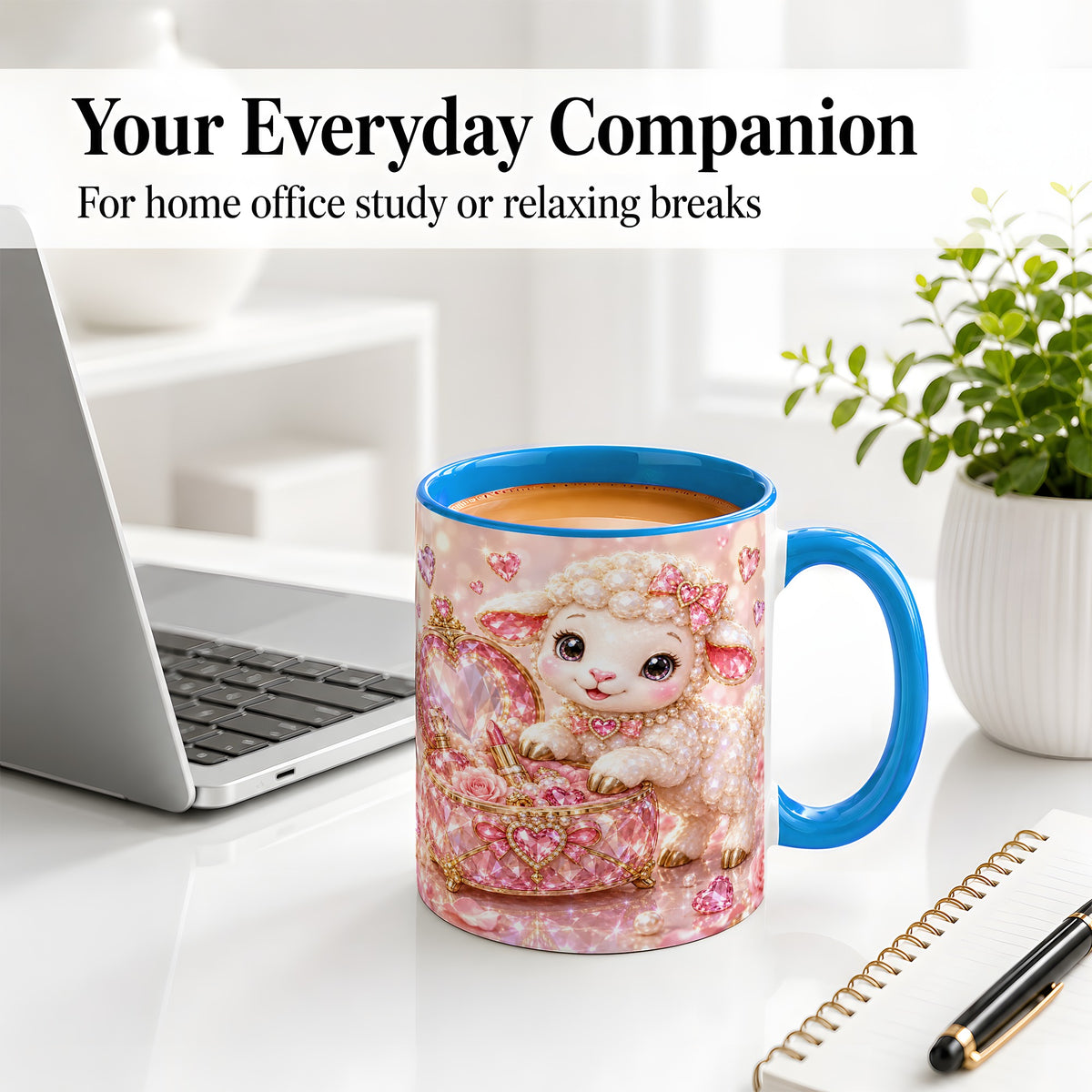#pl[11oz|Blue] Pink Jeweled Lamb Vanity Ceramic Mug with Heart and Bow Artwork