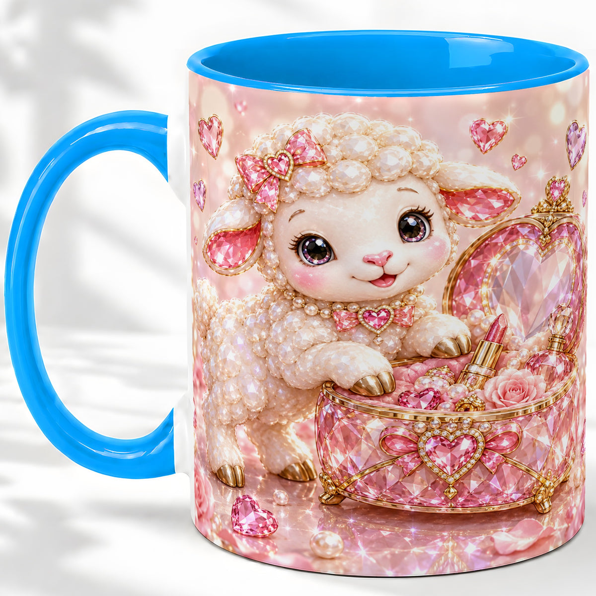 #pl[11oz|Blue] Pink Jeweled Lamb Vanity Ceramic Mug with Heart and Bow Artwork