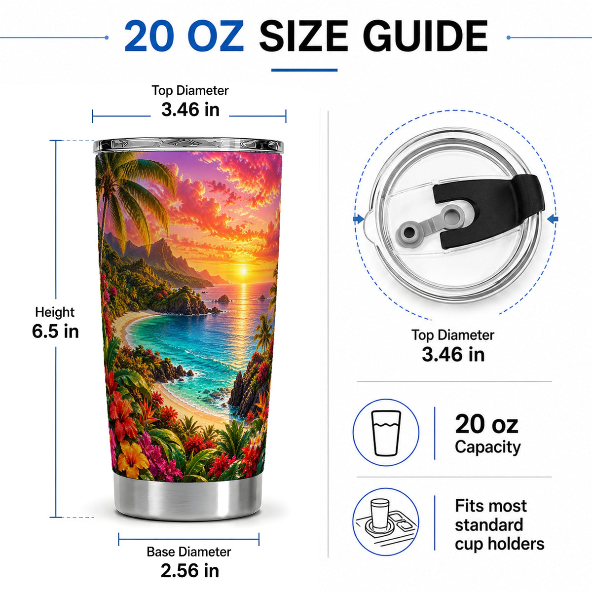 #pl[20oz|Steel] Tropical Sunset 20oz Stainless Steel Tumbler with Beach Floral Art