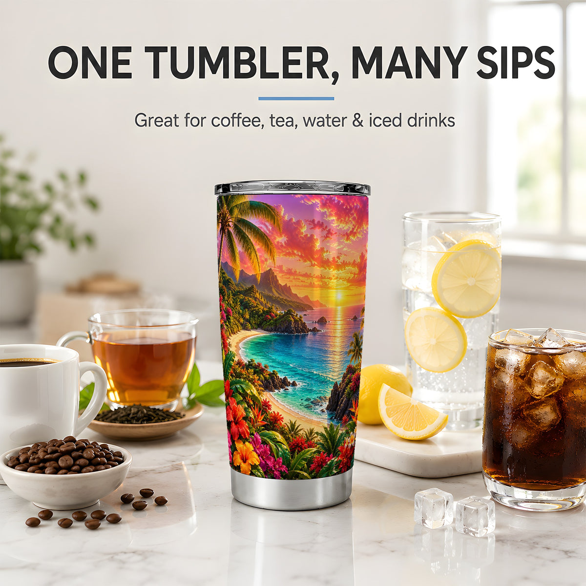 Tropical Sunset 20oz Stainless Steel Tumbler with Beach Floral Art