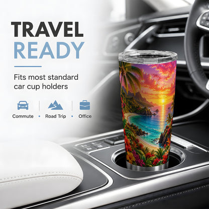 Tropical Sunset 20oz Stainless Steel Tumbler with Beach Floral Art