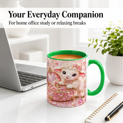 #pl[11oz|Green] Pink Jeweled Lamb Vanity Ceramic Mug with Heart and Bow Artwork