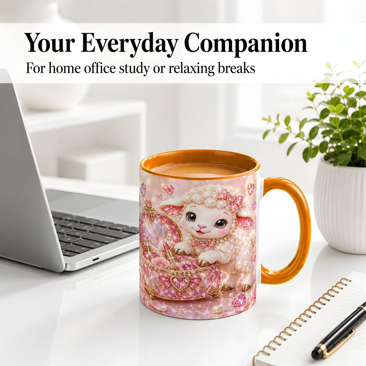 #pl[11oz|Orange] Pink Jeweled Lamb Vanity Ceramic Mug with Heart and Bow Artwork