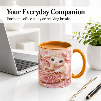 #pl[11oz|Orange] Pink Jeweled Lamb Vanity Ceramic Mug with Heart and Bow Artwork