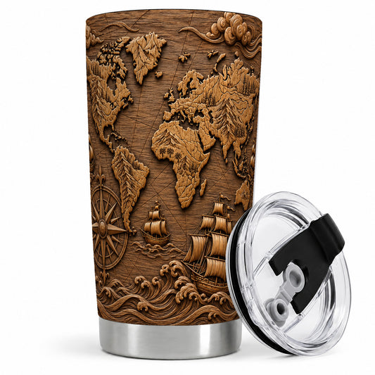 Vintage World Map 20oz Stainless Steel Tumbler with Nautical Compass Art