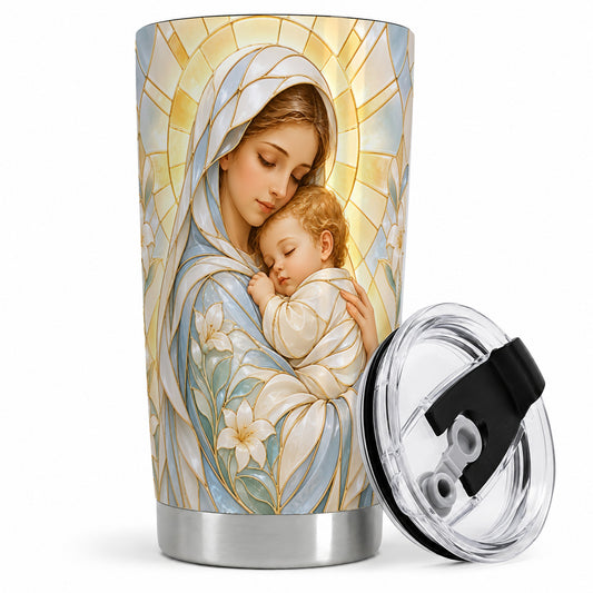 Stained Glass Style Mary 20oz Stainless Steel Tumbler with Faith Art