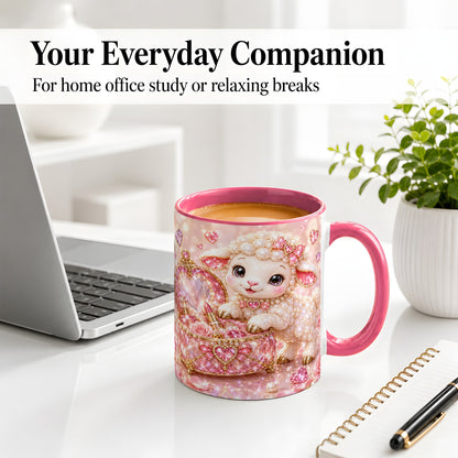 #pl[11oz|Pink] Pink Jeweled Lamb Vanity Ceramic Mug with Heart and Bow Artwork