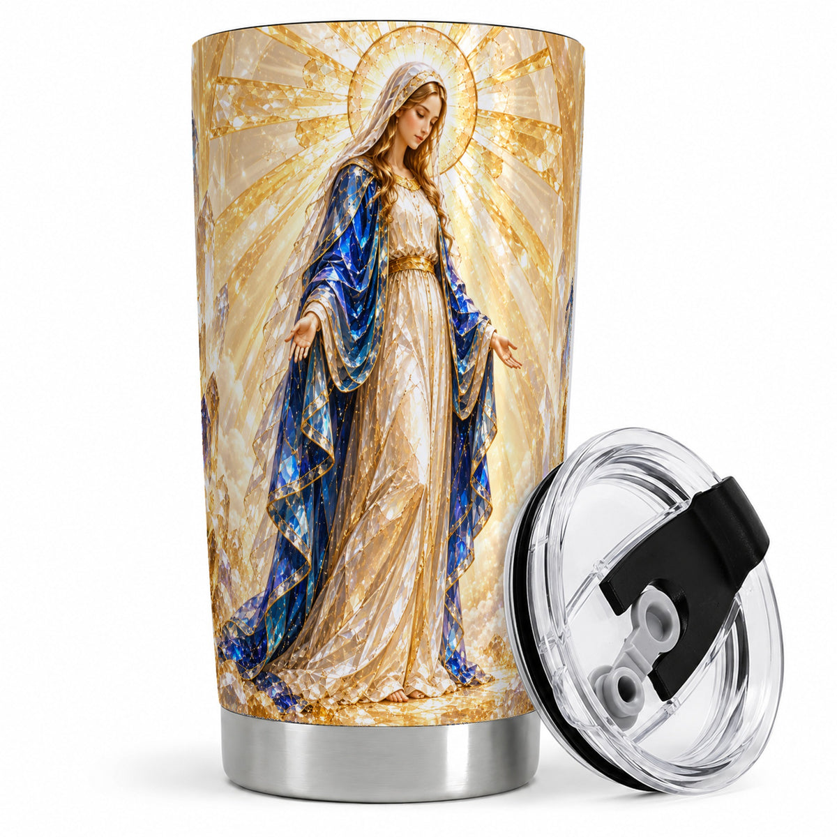 Radiant Mary 20oz Stainless Steel Tumbler with Crystal Style Faith Art