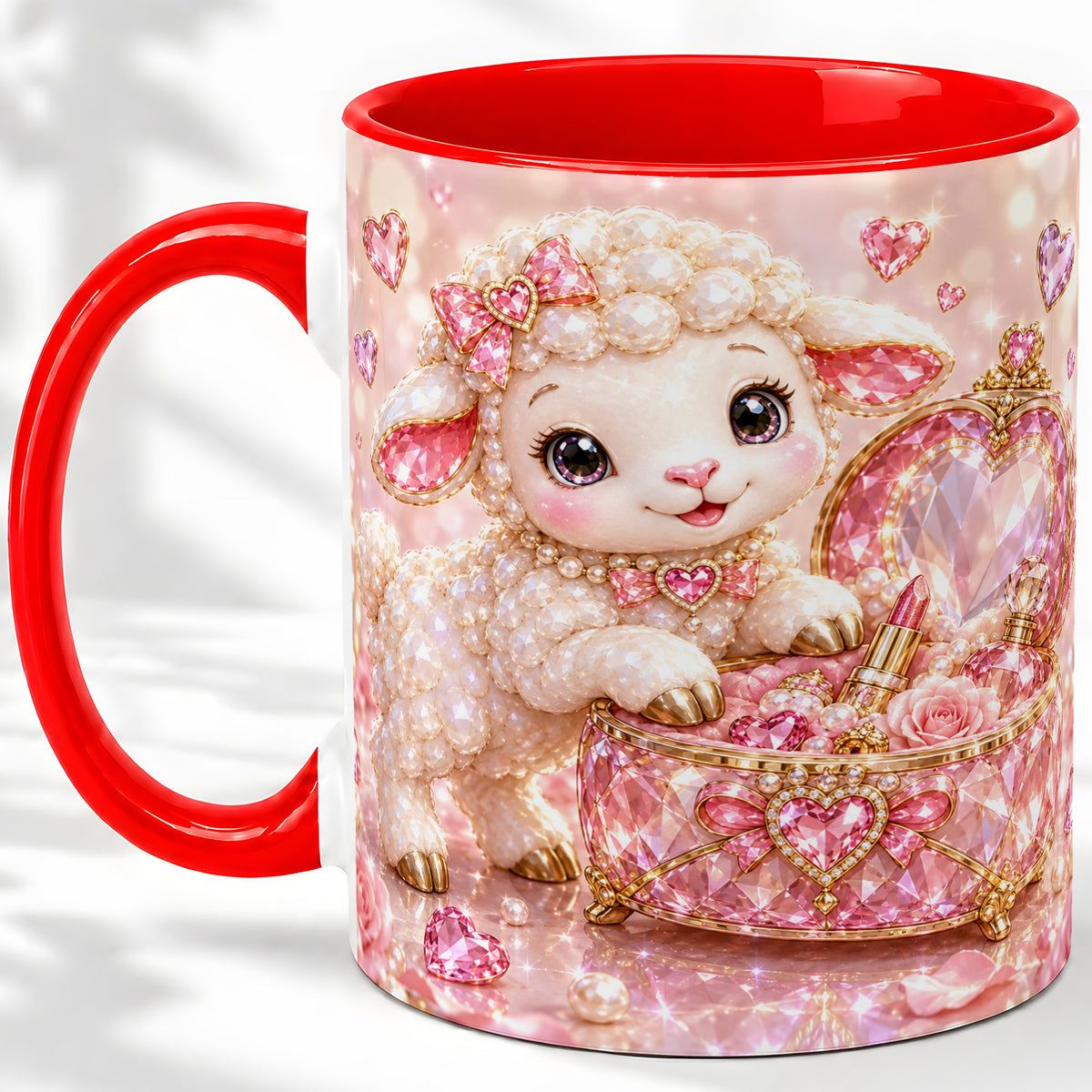 Pink Jeweled Lamb Vanity Ceramic Mug with Heart and Bow Artwork
