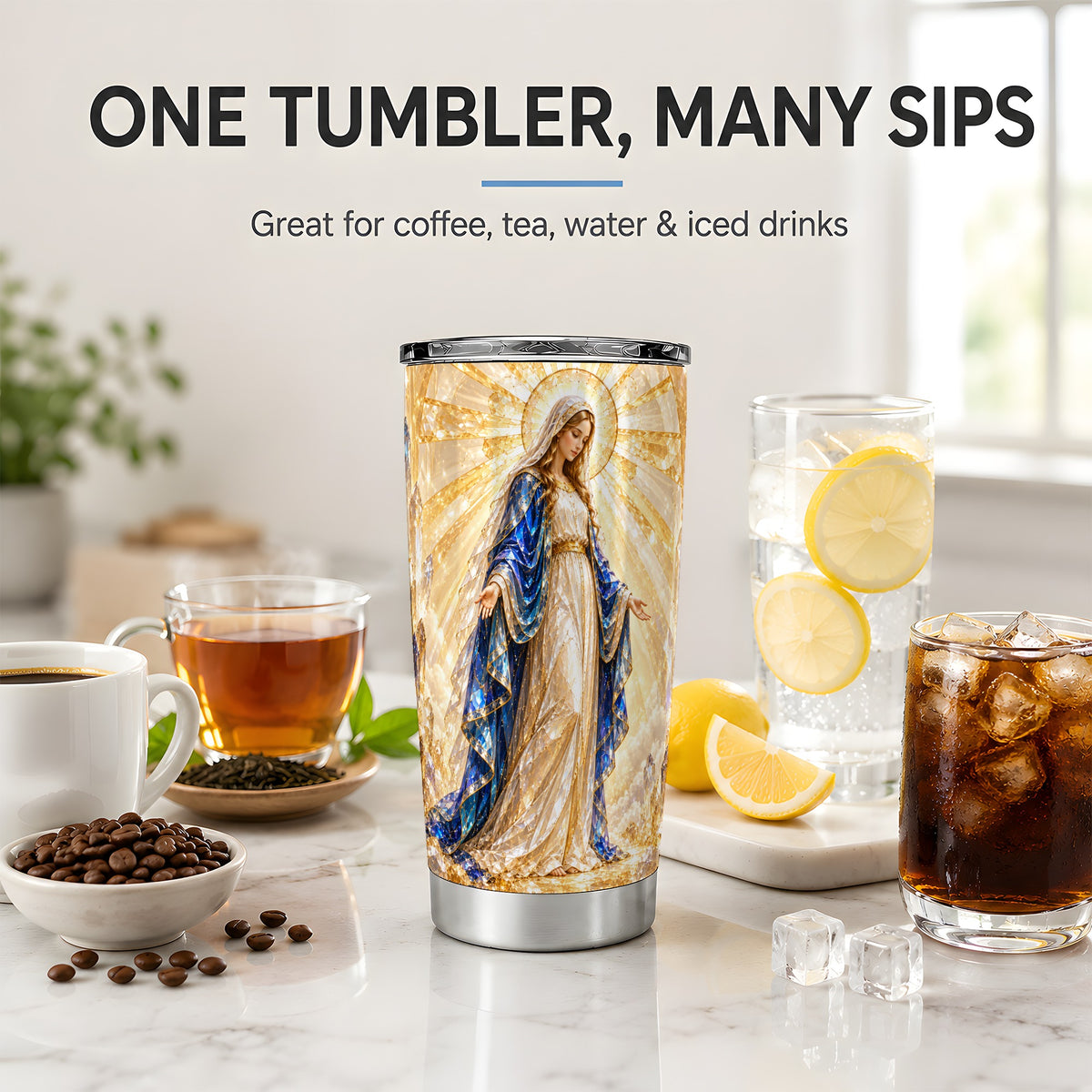 Radiant Mary 20oz Stainless Steel Tumbler with Crystal Style Faith Art