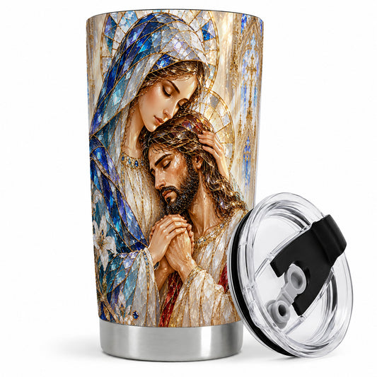 Mary and Jesus 20oz Stainless Steel Tumbler with Stained Glass Style Art