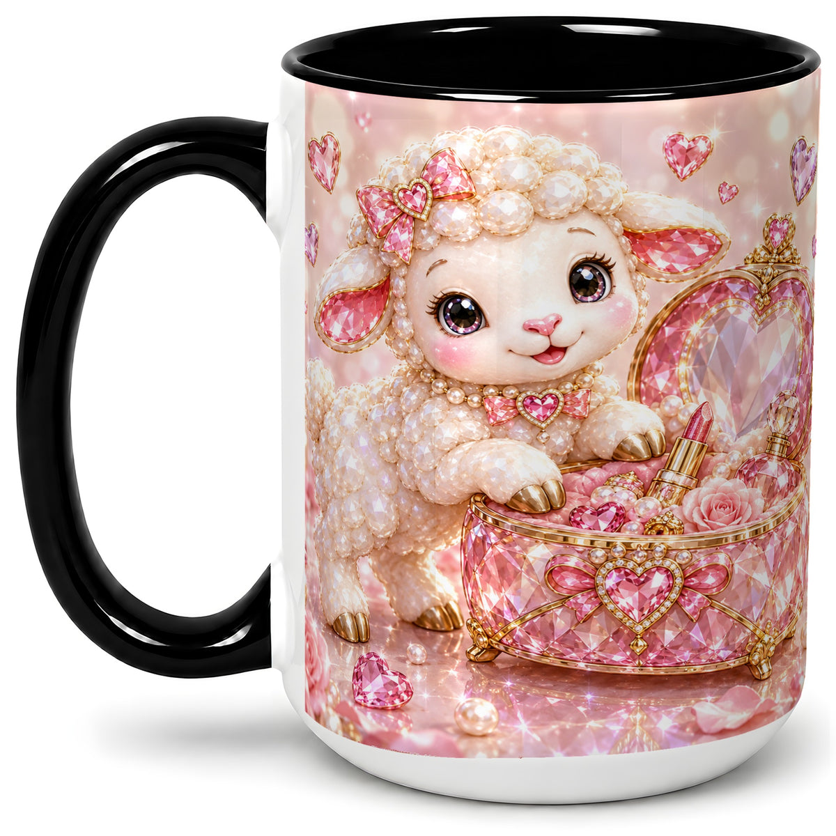 #pl[15oz|Black] Pink Jeweled Lamb Vanity Ceramic Mug with Heart and Bow Artwork
