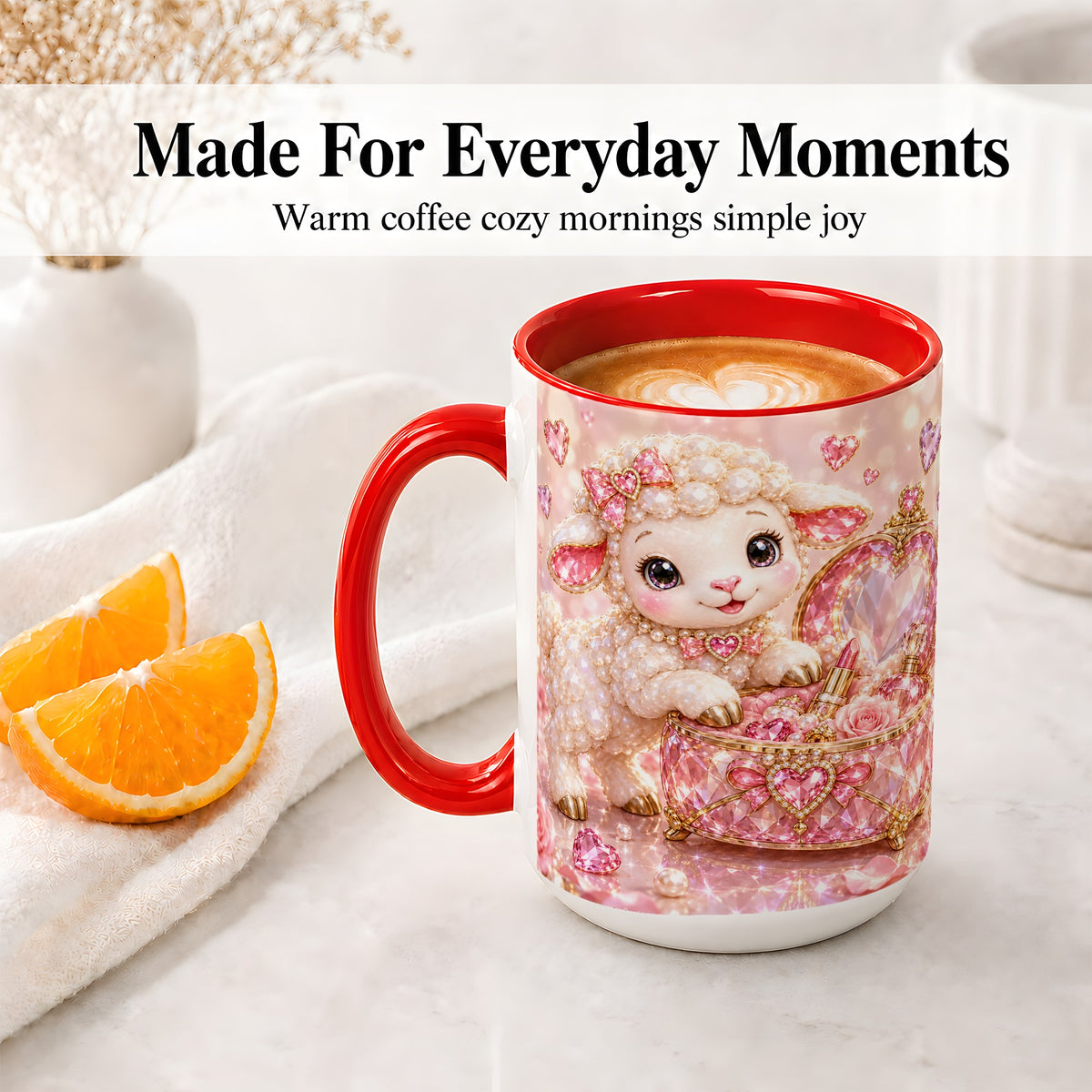 #pl[15oz|Red] Pink Jeweled Lamb Vanity Ceramic Mug with Heart and Bow Artwork