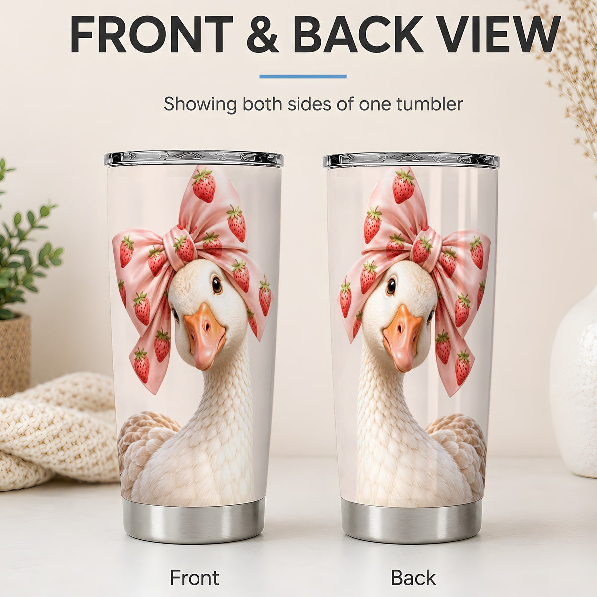 #pl[20oz|Steel] Strawberry Bow Goose 20oz Tumbler, Printed Drinkware for Goose Lovers