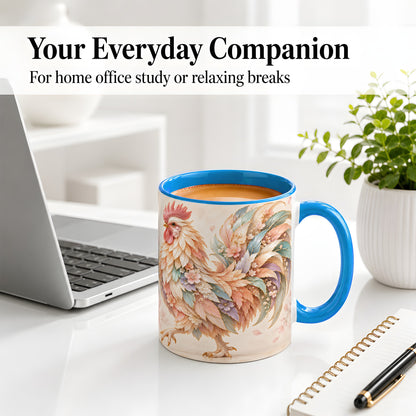#pl[11oz|Blue] Pastel Floral Rooster Ceramic Mug with Botanical Feather Artwork