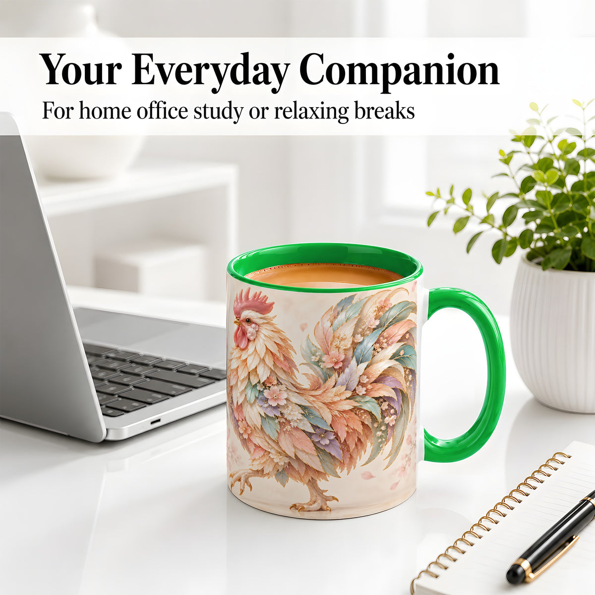#pl[11oz|Green] Pastel Floral Rooster Ceramic Mug with Botanical Feather Artwork