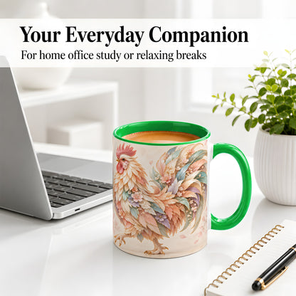 #pl[11oz|Green] Pastel Floral Rooster Ceramic Mug with Botanical Feather Artwork