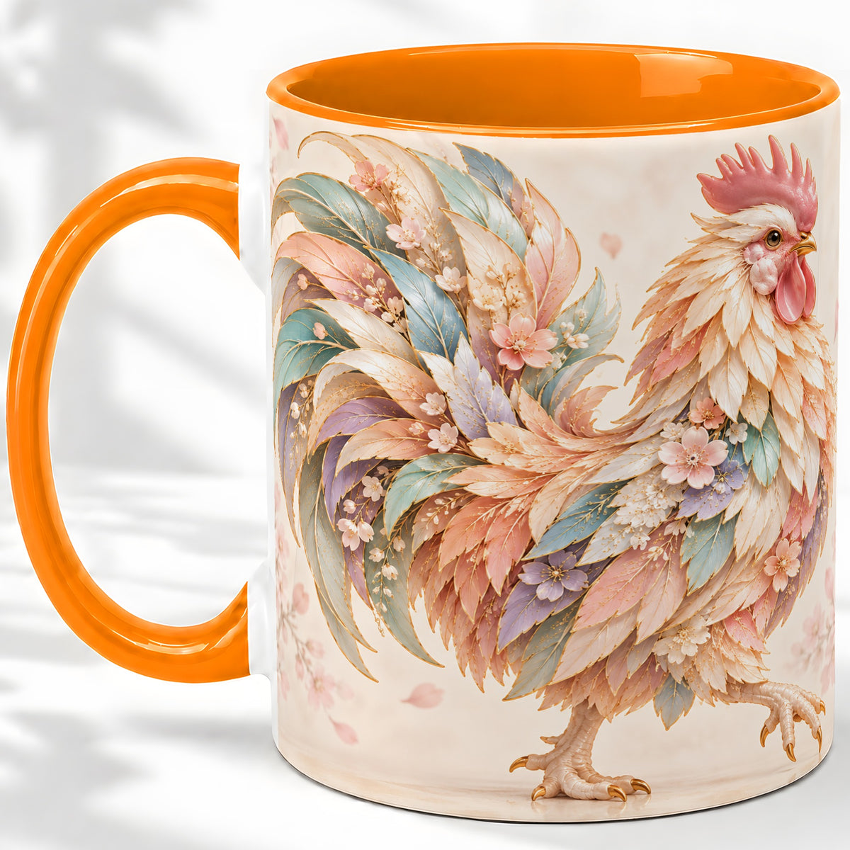 #pl[11oz|Orange] Pastel Floral Rooster Ceramic Mug with Botanical Feather Artwork