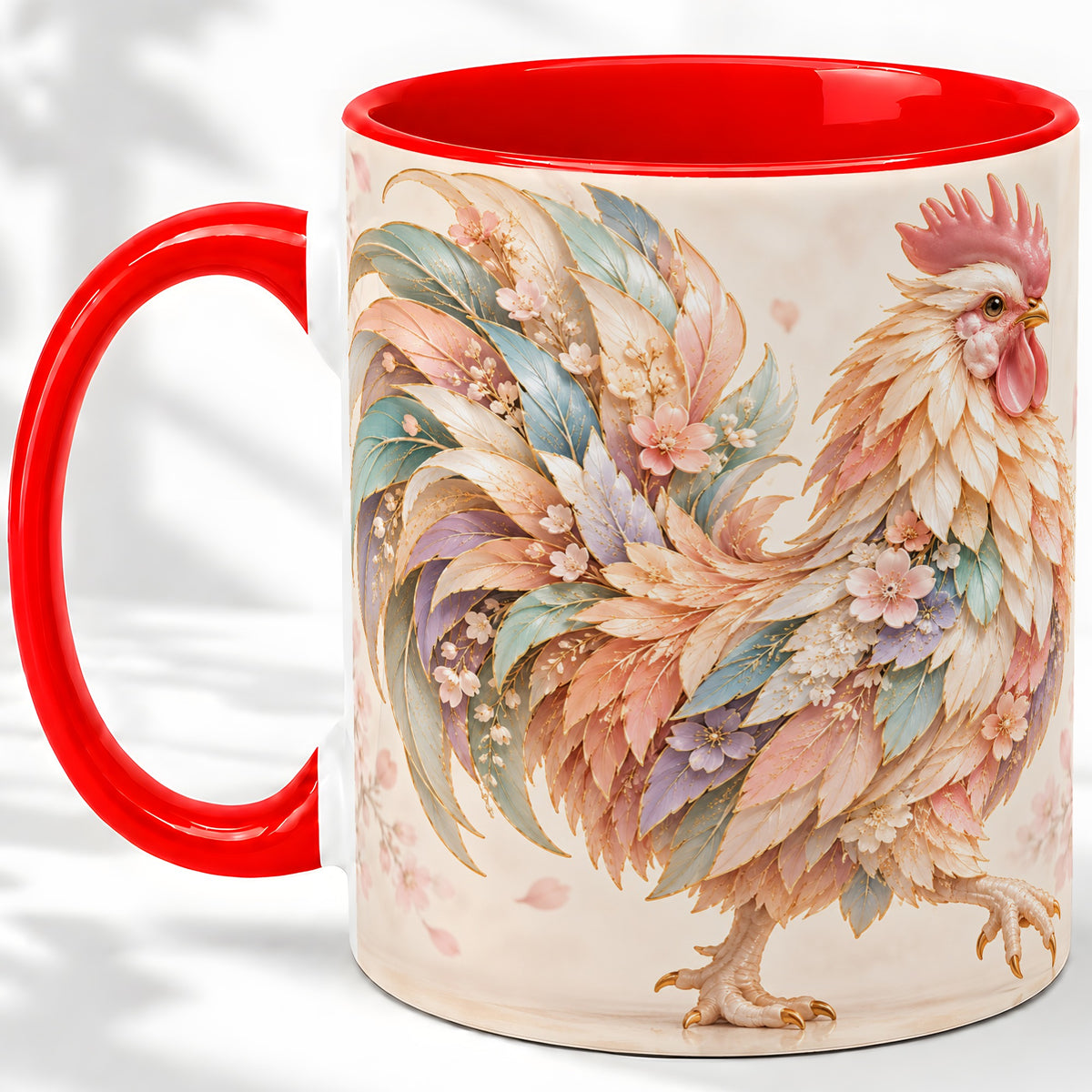 Pastel Floral Rooster Ceramic Mug with Botanical Feather Artwork