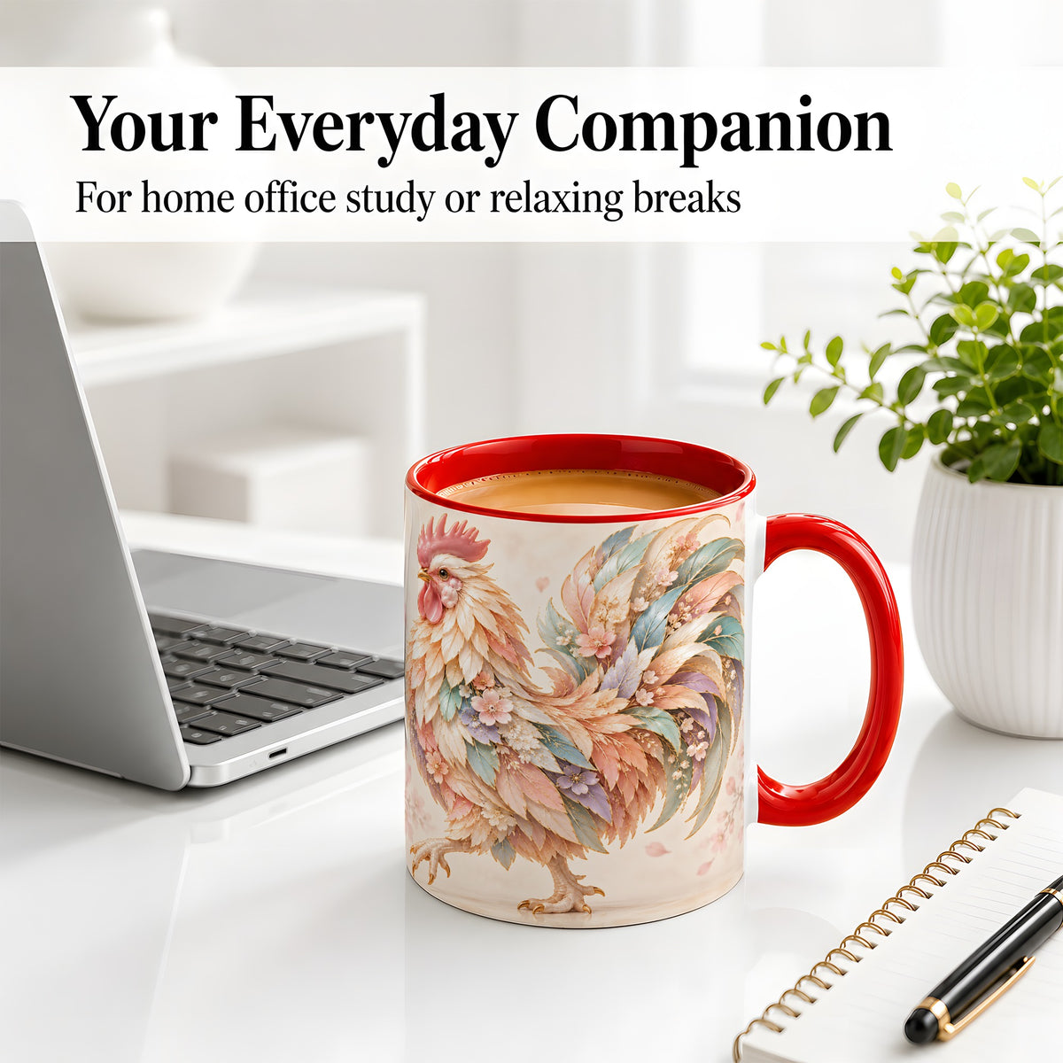 #pl[11oz|Red] Pastel Floral Rooster Ceramic Mug with Botanical Feather Artwork