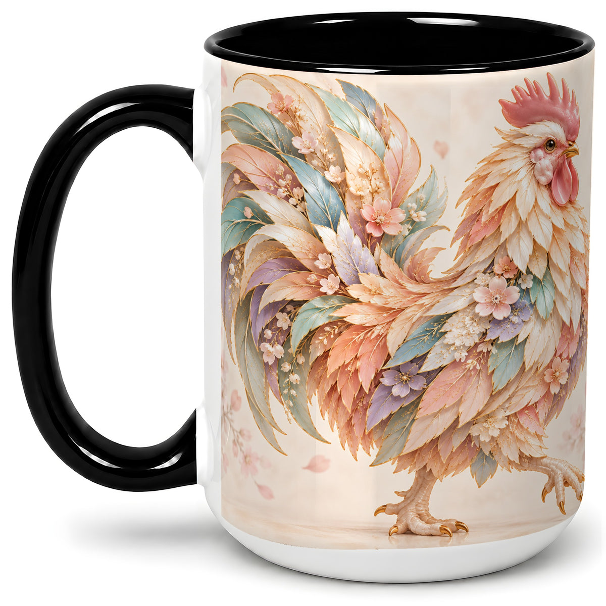 #pl[15oz|Black] Pastel Floral Rooster Ceramic Mug with Botanical Feather Artwork