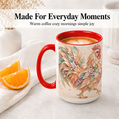 #pl[15oz|Red] Pastel Floral Rooster Ceramic Mug with Botanical Feather Artwork
