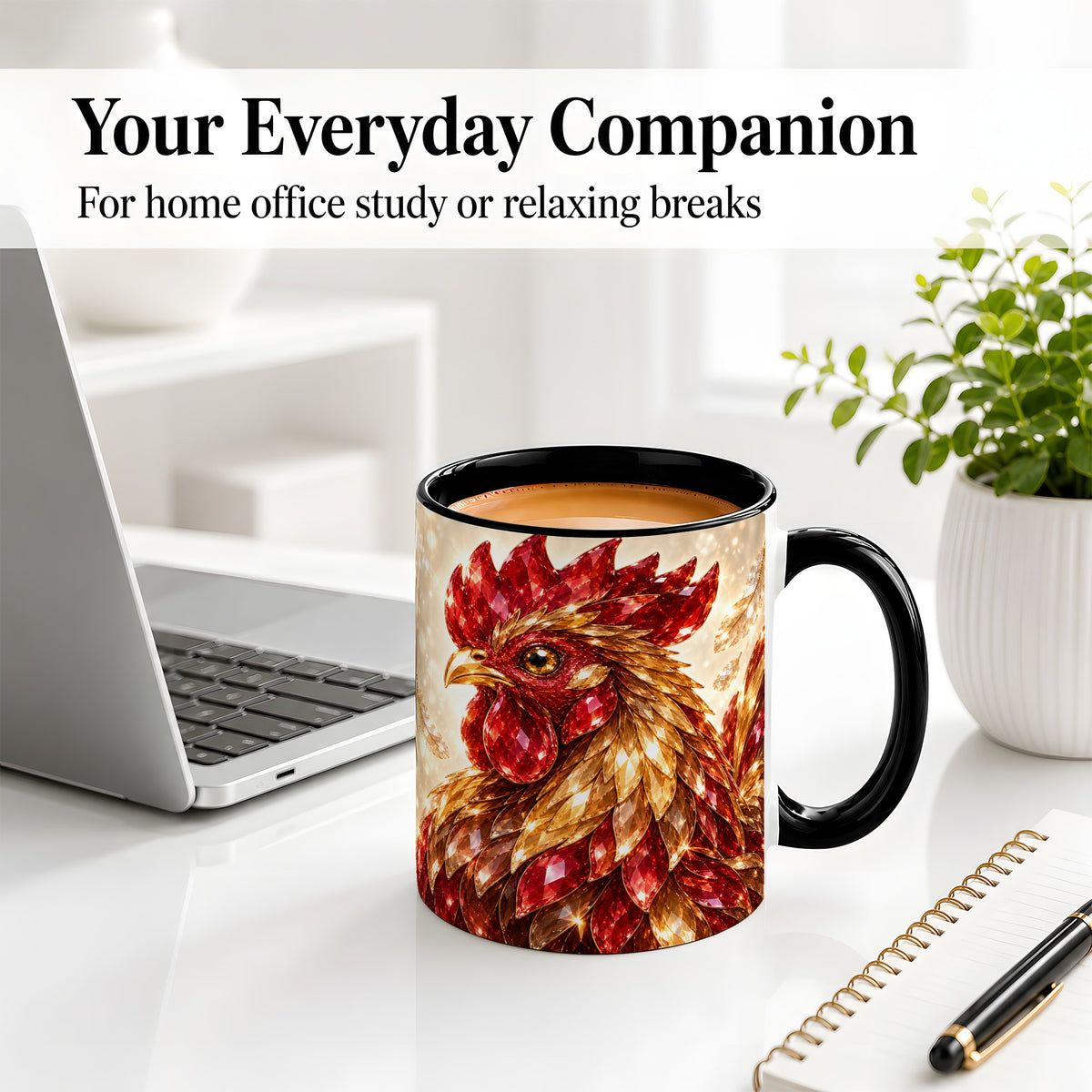#pl[11oz|Black] Red Jewel Rooster Golden Feather Ceramic Mug for Rooster Lovers