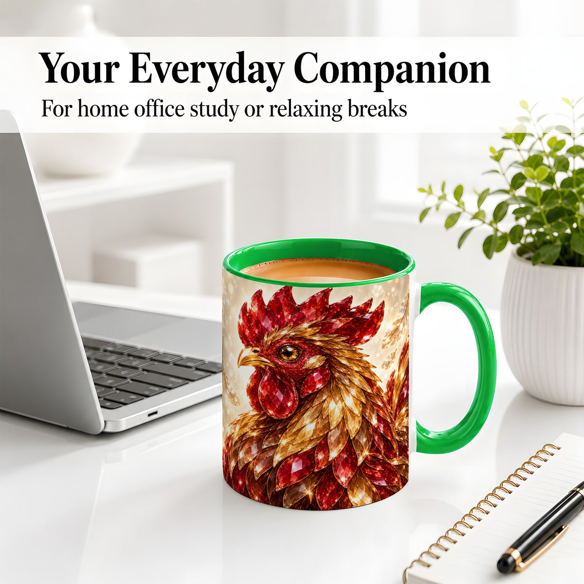 #pl[11oz|Green] Red Jewel Rooster Golden Feather Ceramic Mug for Rooster Lovers