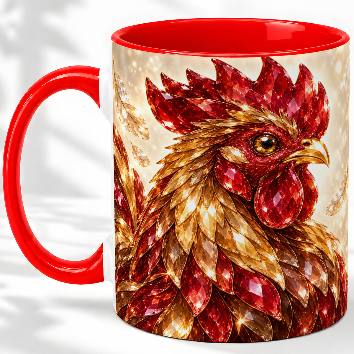 Red Jewel Rooster Golden Feather Ceramic Mug for Rooster Lovers