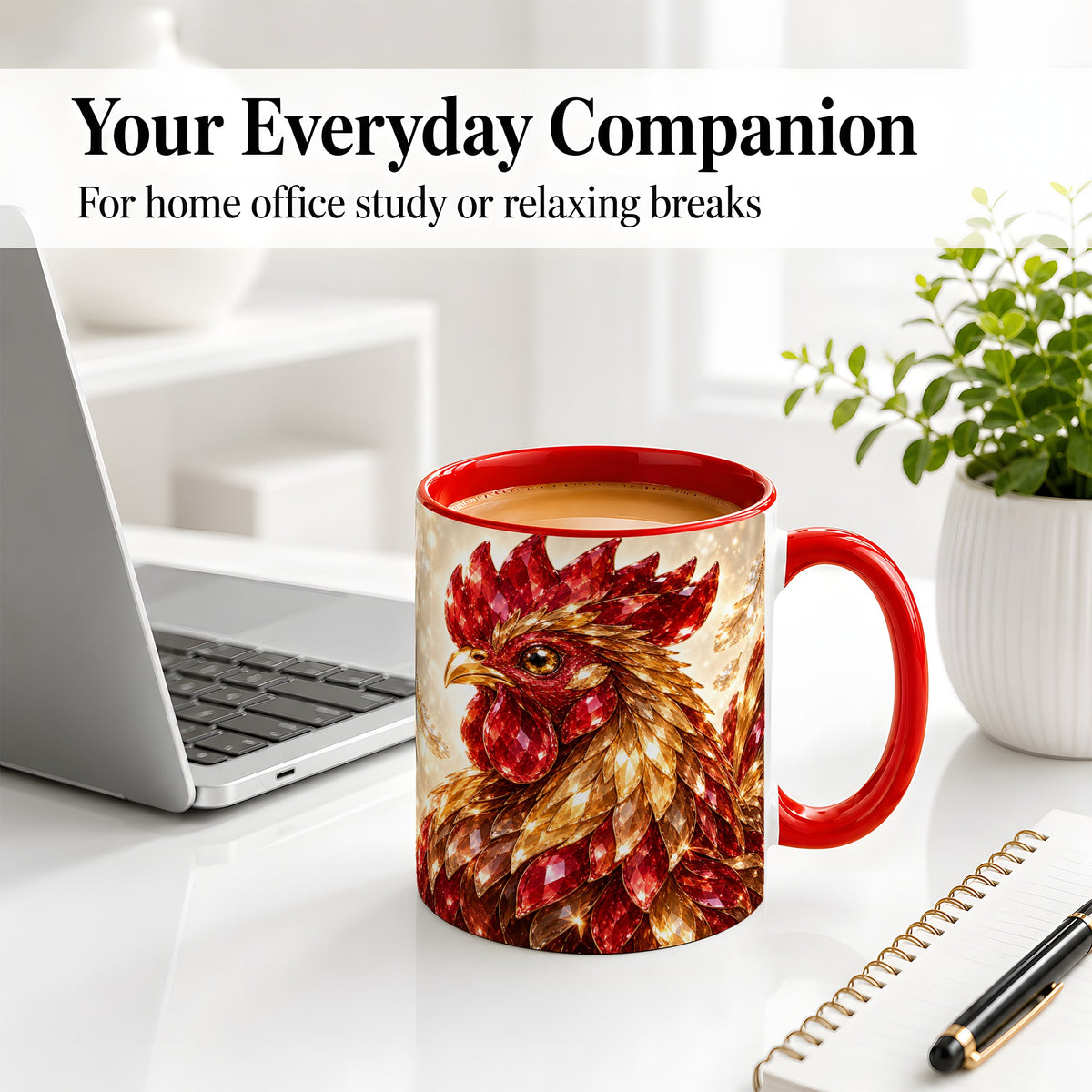 #pl[11oz|Red] Red Jewel Rooster Golden Feather Ceramic Mug for Rooster Lovers
