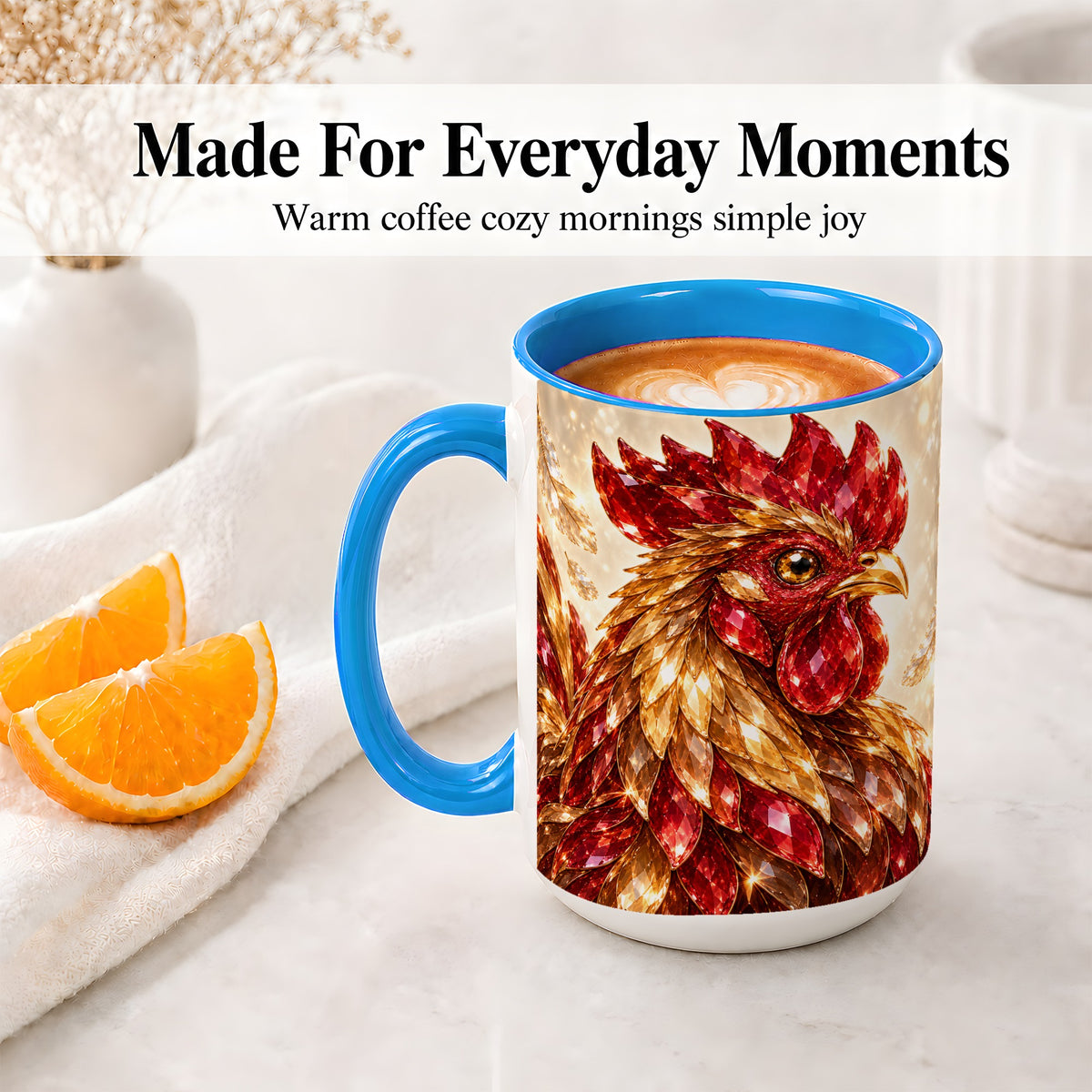 #pl[15oz|Blue] Red Jewel Rooster Golden Feather Ceramic Mug for Rooster Lovers