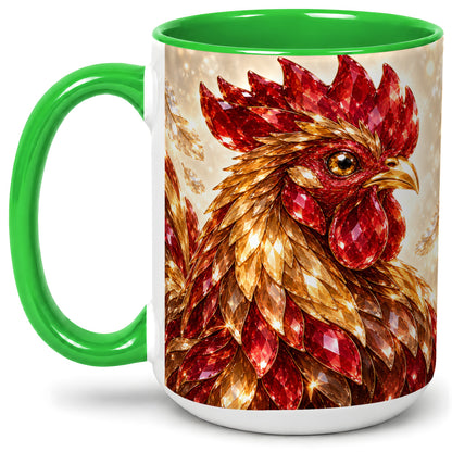 #pl[15oz|Green] Red Jewel Rooster Golden Feather Ceramic Mug for Rooster Lovers