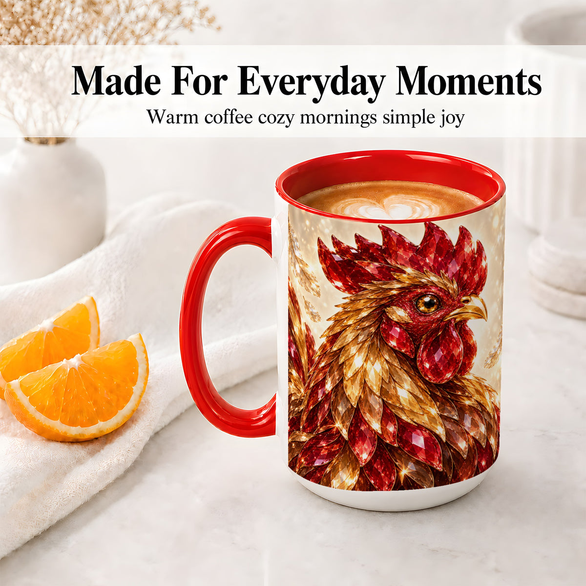 #pl[15oz|Red] Red Jewel Rooster Golden Feather Ceramic Mug for Rooster Lovers