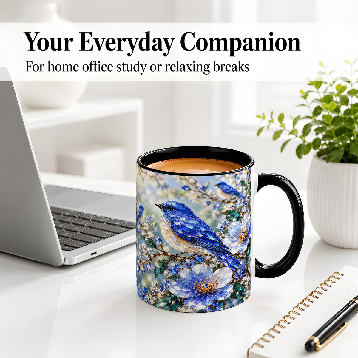 #pl[11oz|Black] Blue Bird Blossom Floral Garden Ceramic Mug Artwork for Bird Lovers