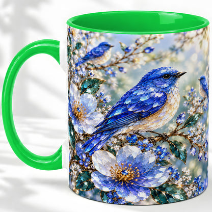 #pl[11oz|Green] Blue Bird Blossom Floral Garden Ceramic Mug Artwork for Bird Lovers