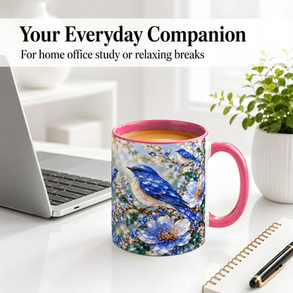 #pl[11oz|Pink] Blue Bird Blossom Floral Garden Ceramic Mug Artwork for Bird Lovers